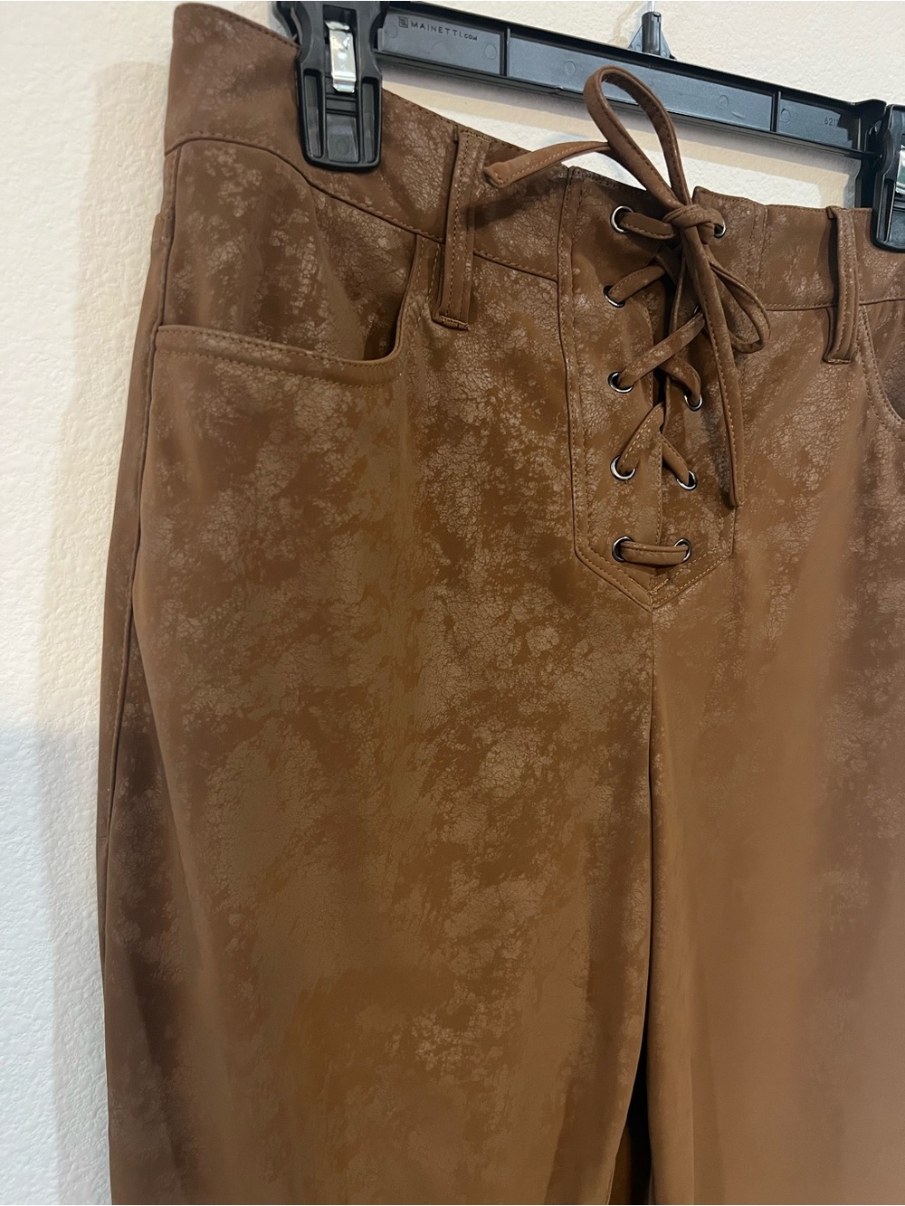 AFRM Brown Faux Leather Lace-Up Flare Pants Size 28 High Rise Retro 70s Vegan - Picture 4 of 8
